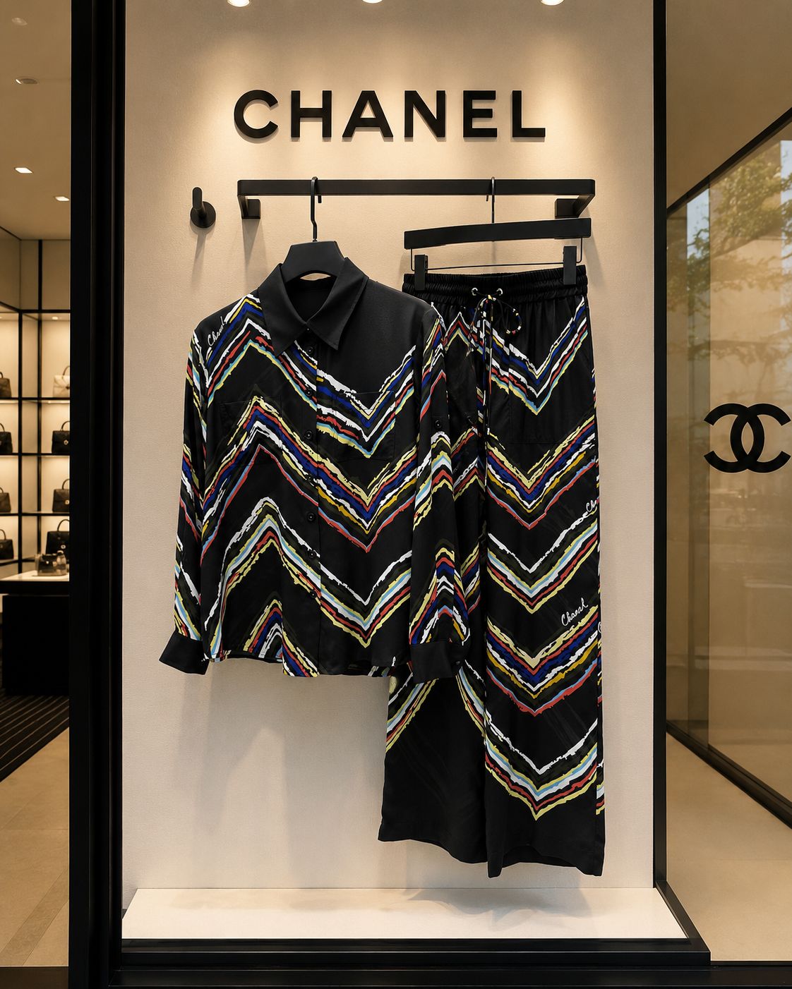 Chanel Shirt & Trousers Silk Black & Multicoloured
