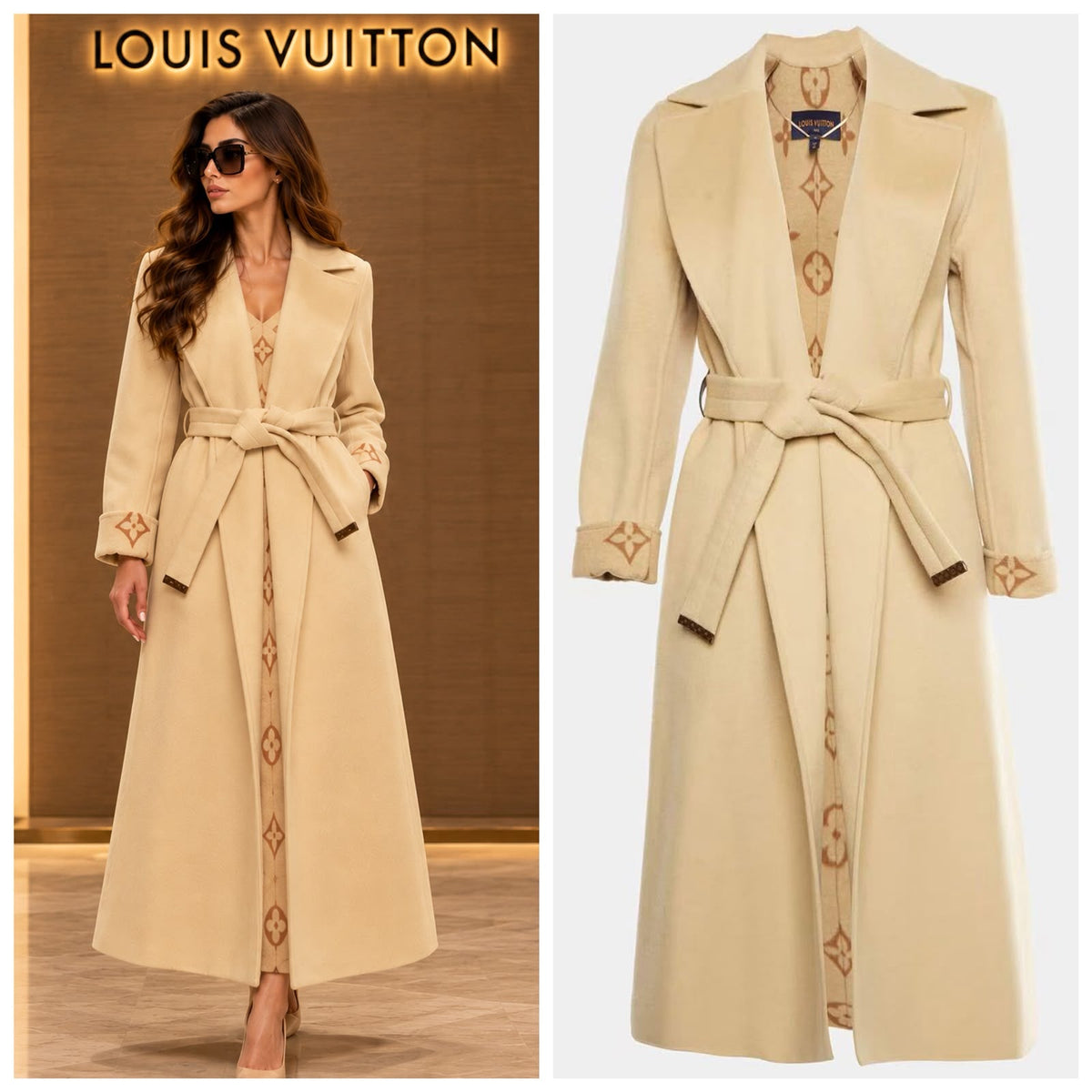 Louis Vuitton Long Wrap Coat with Tie Belt in Khaki/Beige