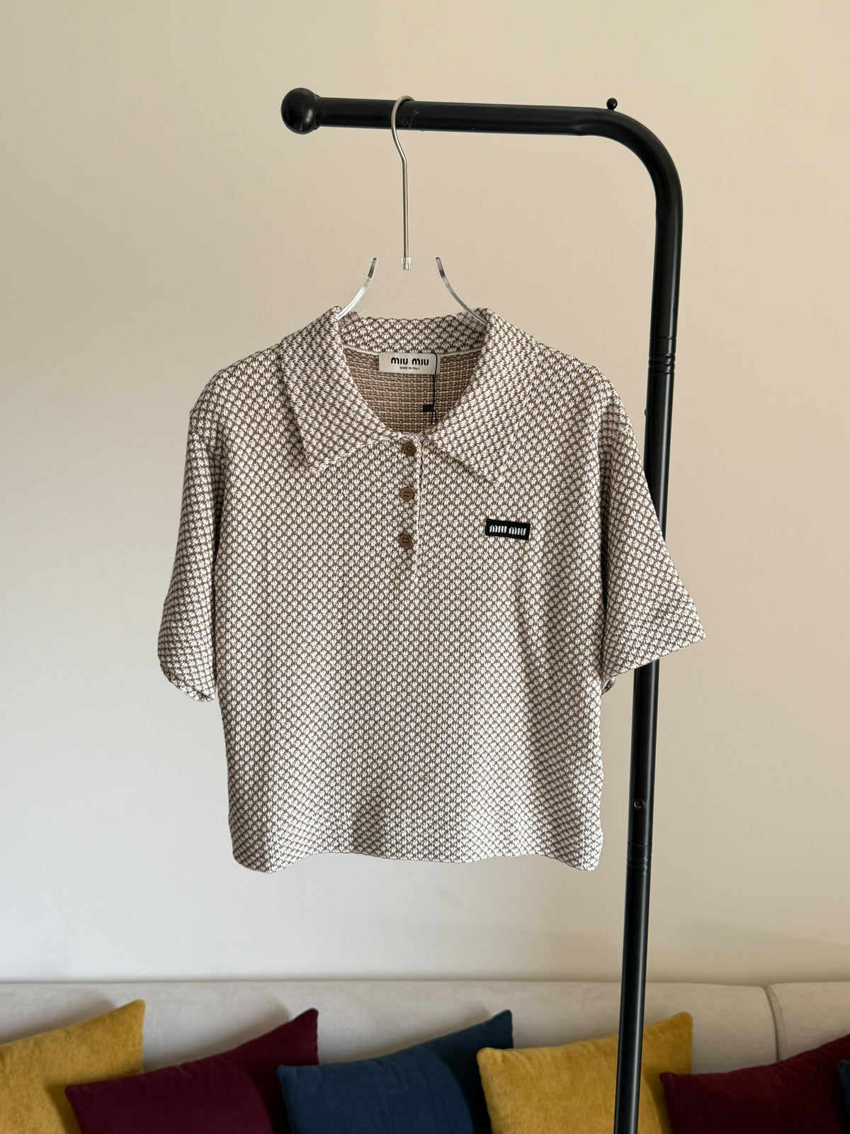 Miu Miu Camel Brown Cropped Cotton Jacquard Polo Shirt