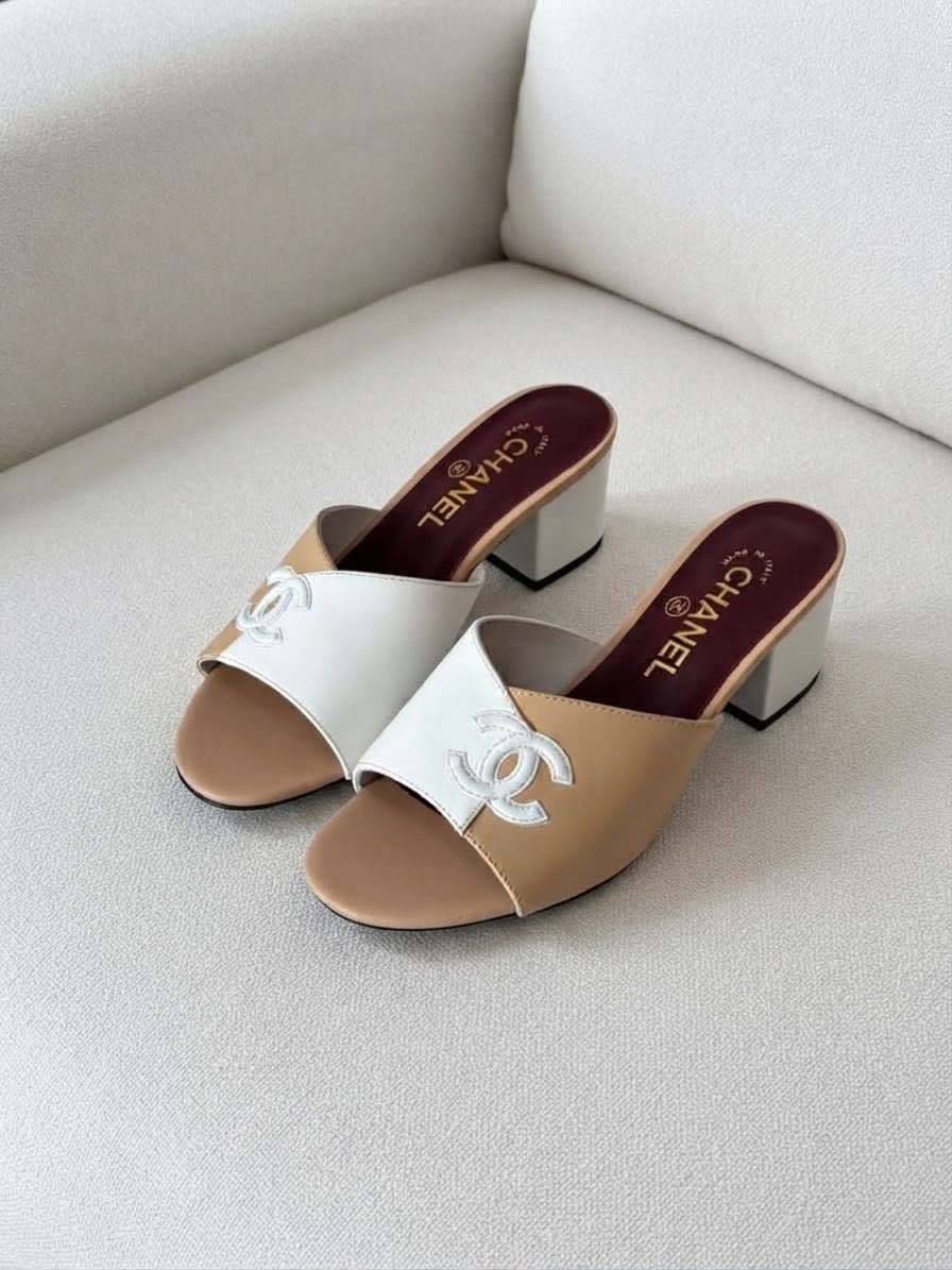 Chanel Two-Tone Block Heel Mule Sandals Leather