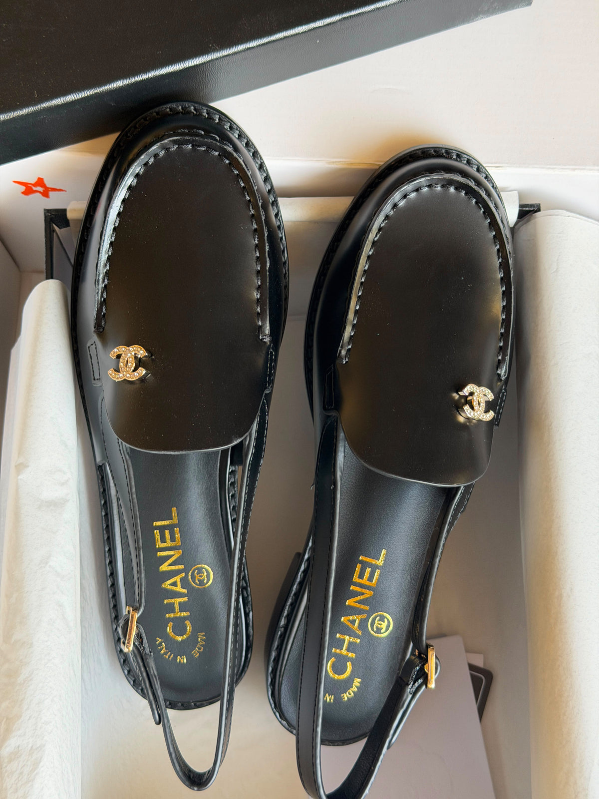 Chanel Burgundy Calfskin Crystal CC Slingback Loafers