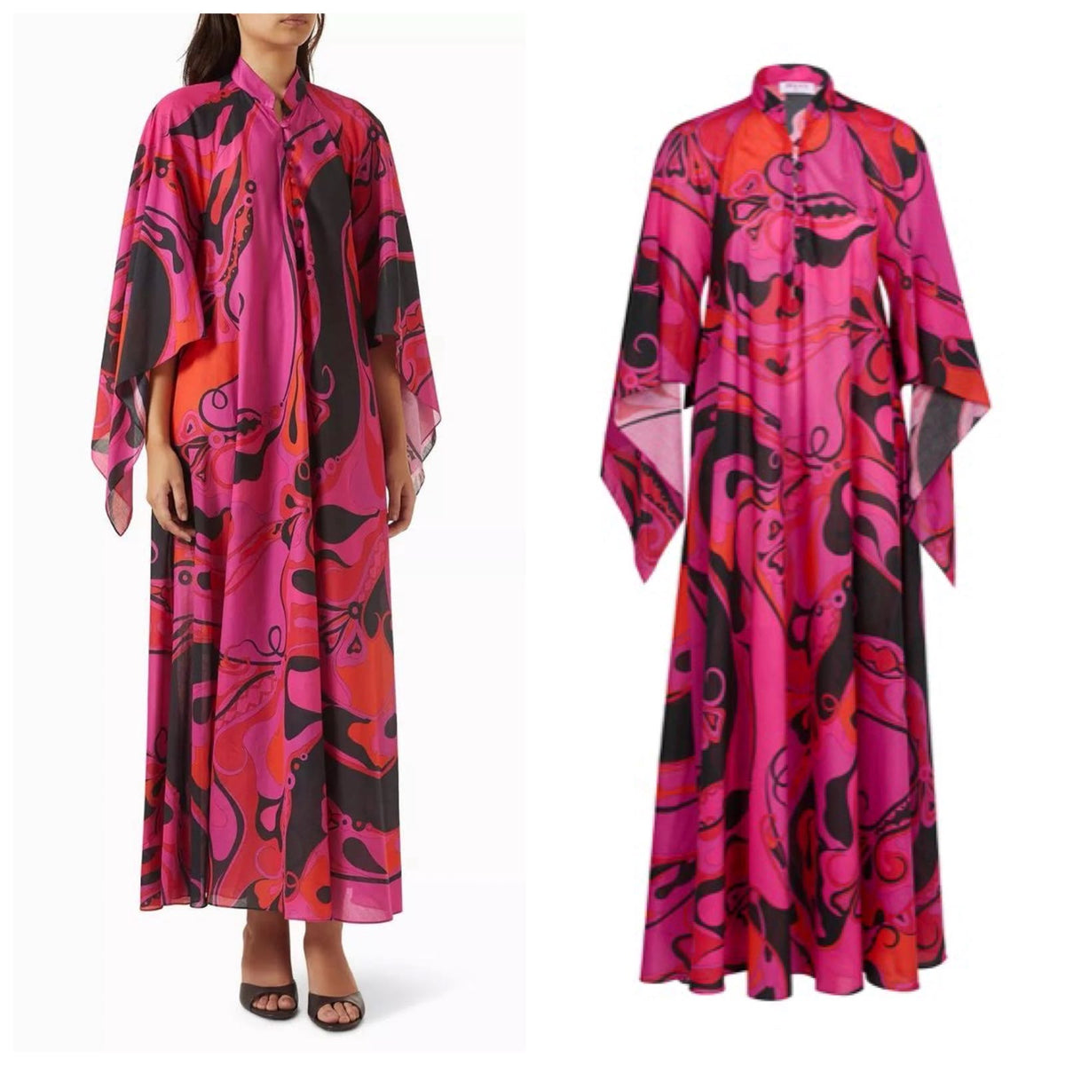 Pucci Marmo-Print Wide-Sleeve Silk Kaftan Maxi Dress
