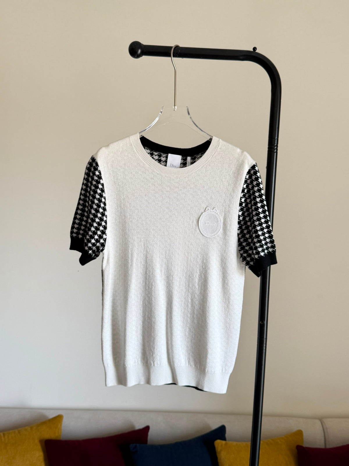 Dior Médaillon Short-Sleeved Sweater Black and White Houndstooth
