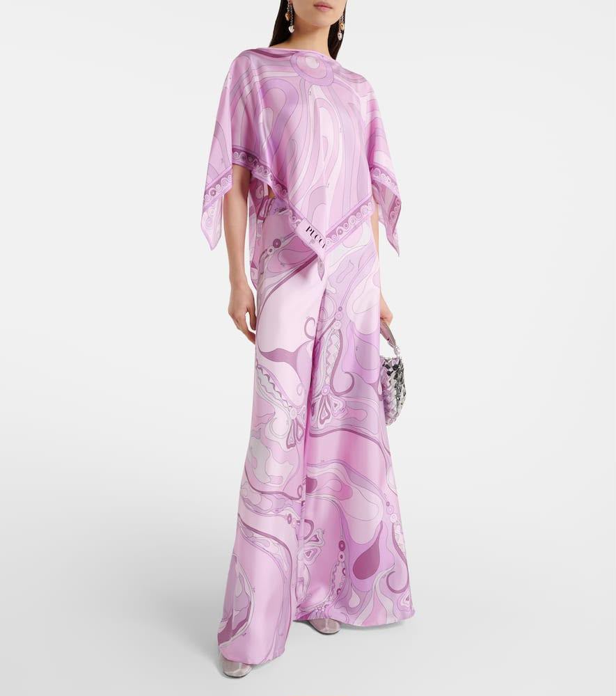 Pucci Pink-Print Silk-Twill Cape Top and Wide-Leg Pants Matching Set