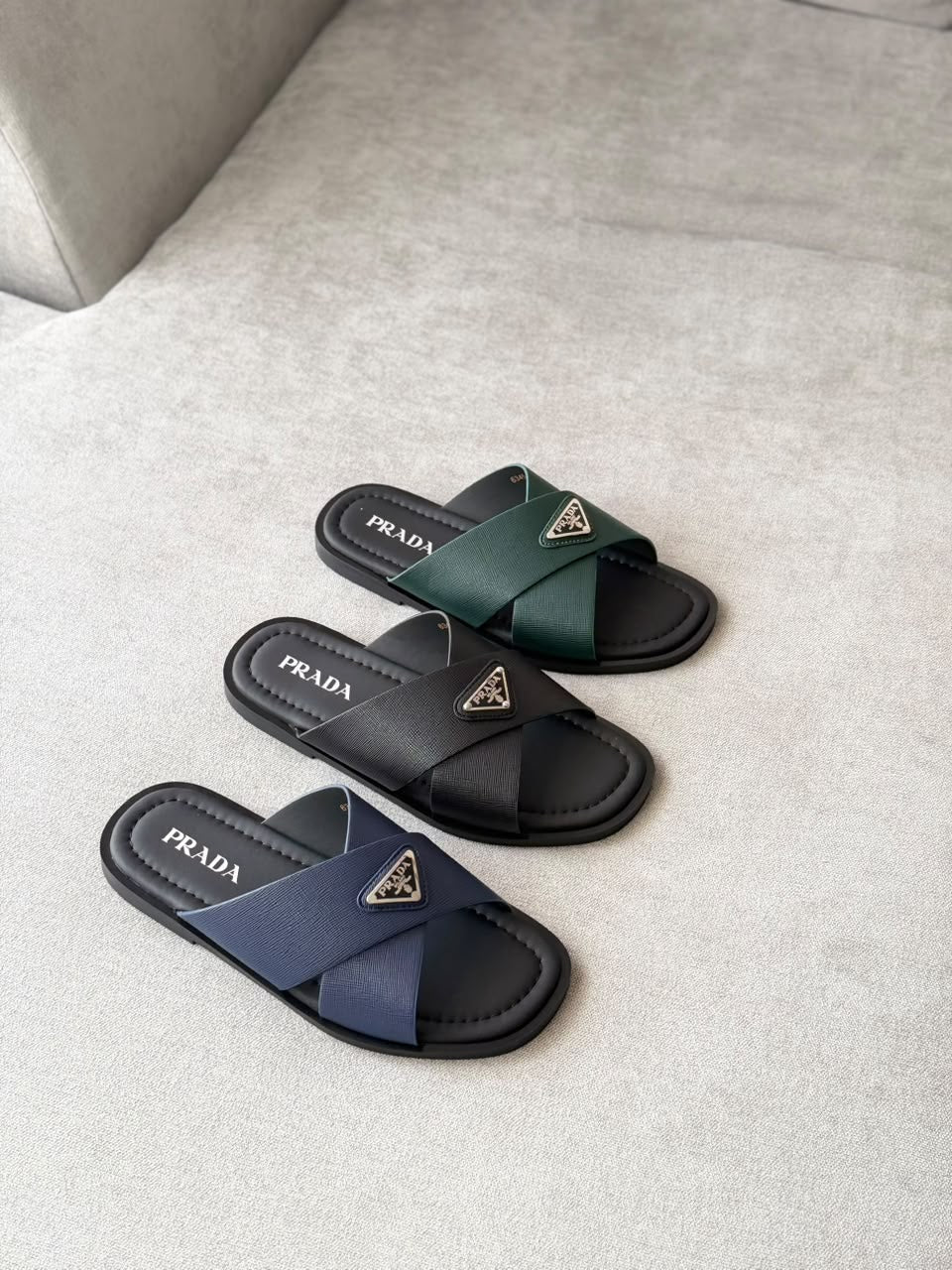 Prada Saffiano Leather Crisscross Slide Sandals