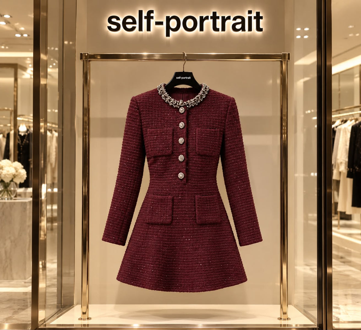 Self-Portrait Burgundy Textured Knit Embellished Mini Dress