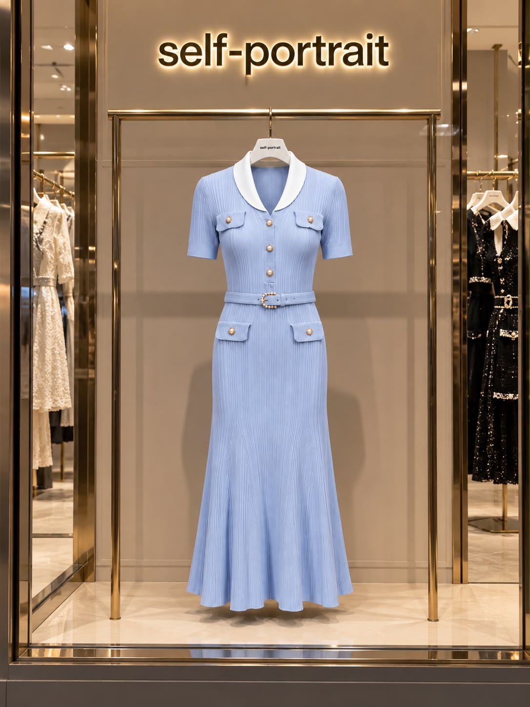 Self-Portrait Blue Ribbed Knit Midi Dress