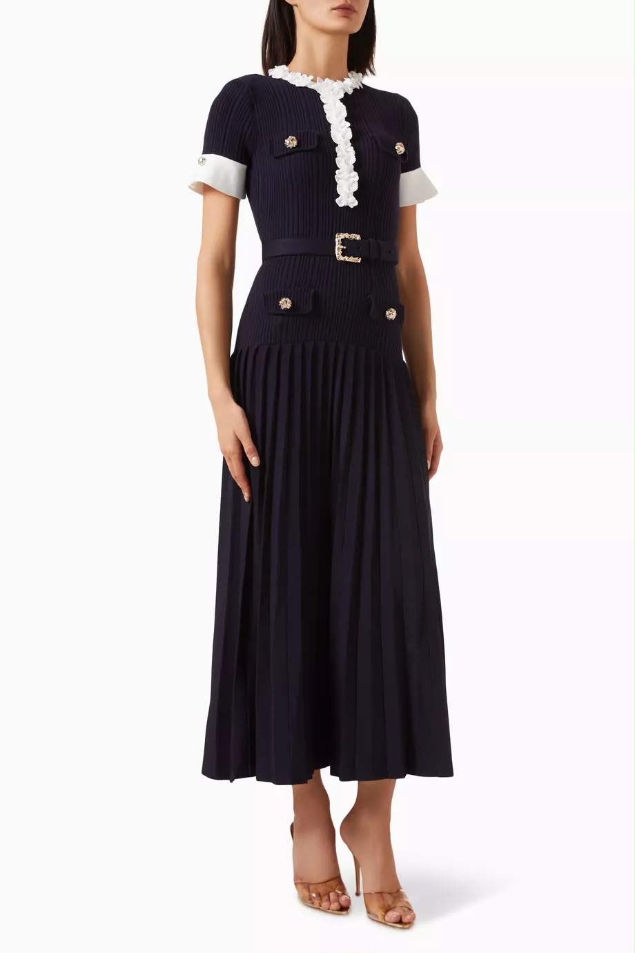 Self-Portrait Navy Flower Rib Knit Midi Dress
