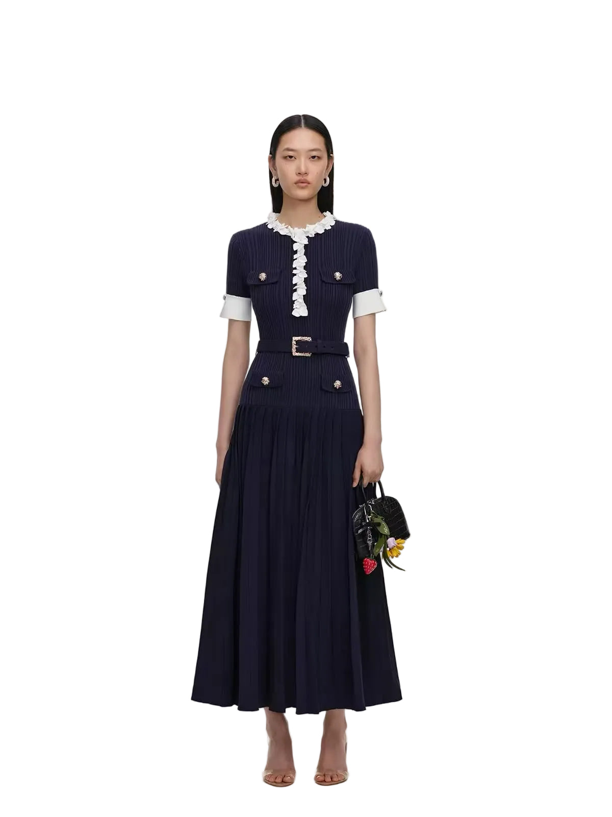 Self-Portrait Navy Flower Rib Knit Midi Dress