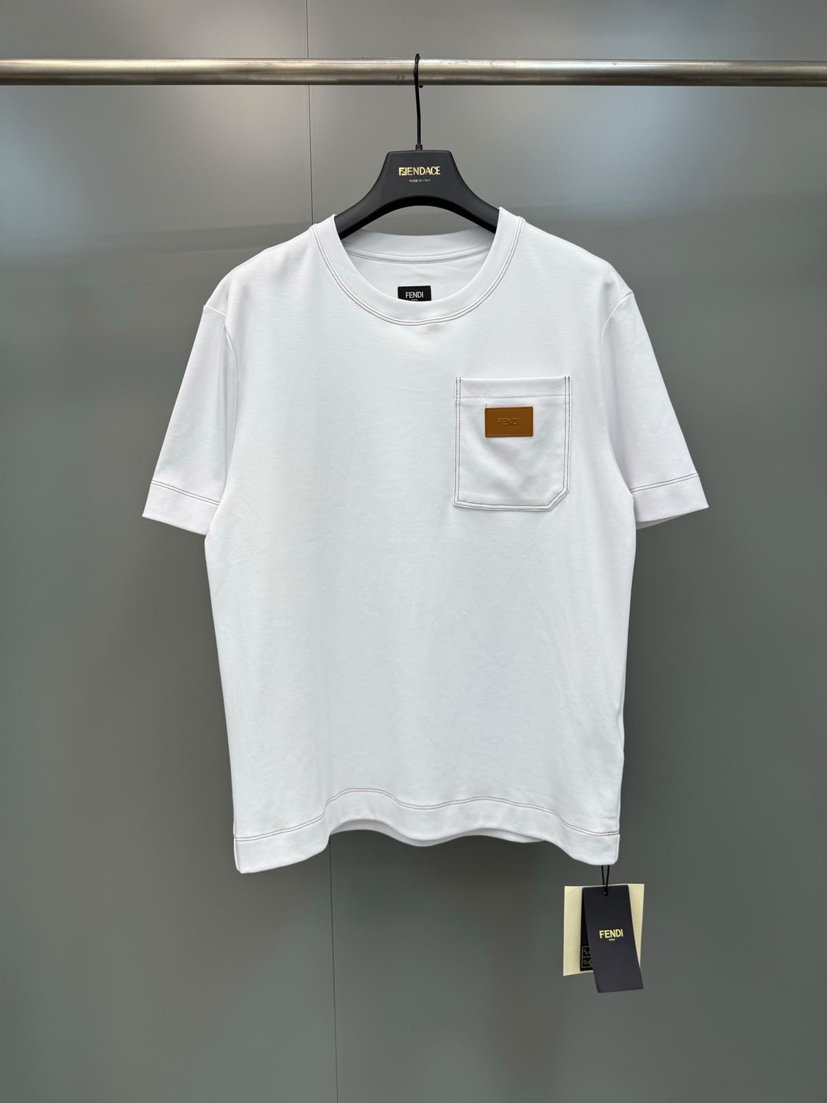 Fendi White Cotton T-Shirt with Logo Patch Pocket
