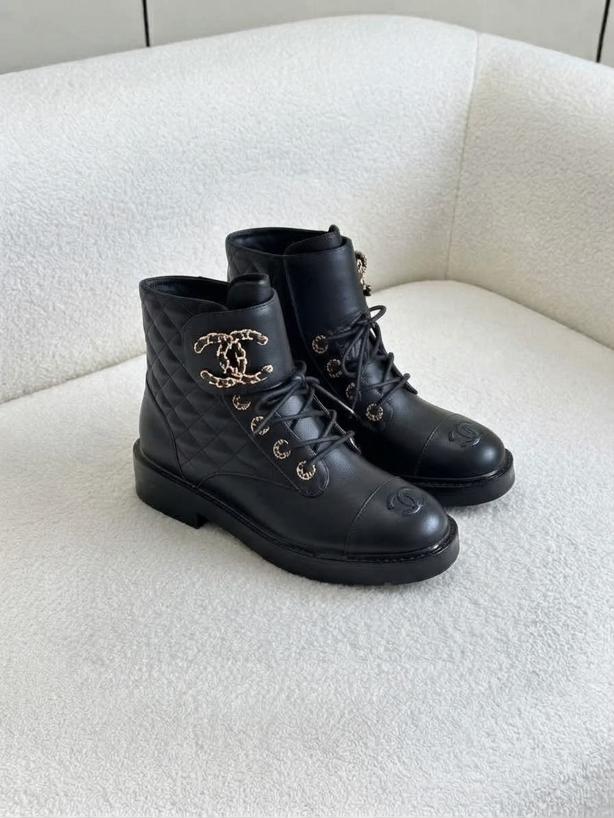 Chanel Quilted CC Chain Combat Boots