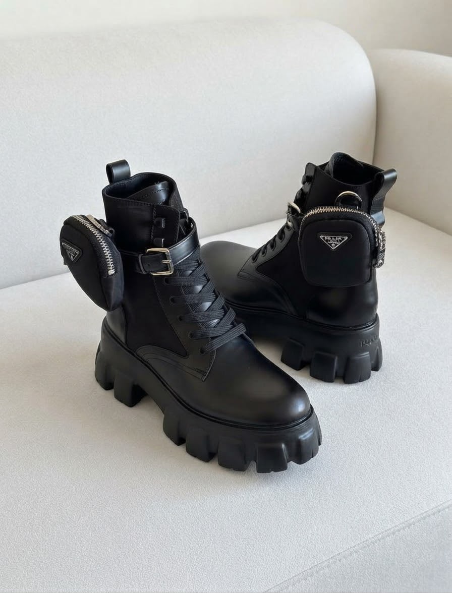 Prada Monolith Leather and Re-Nylon Boots with Pouch