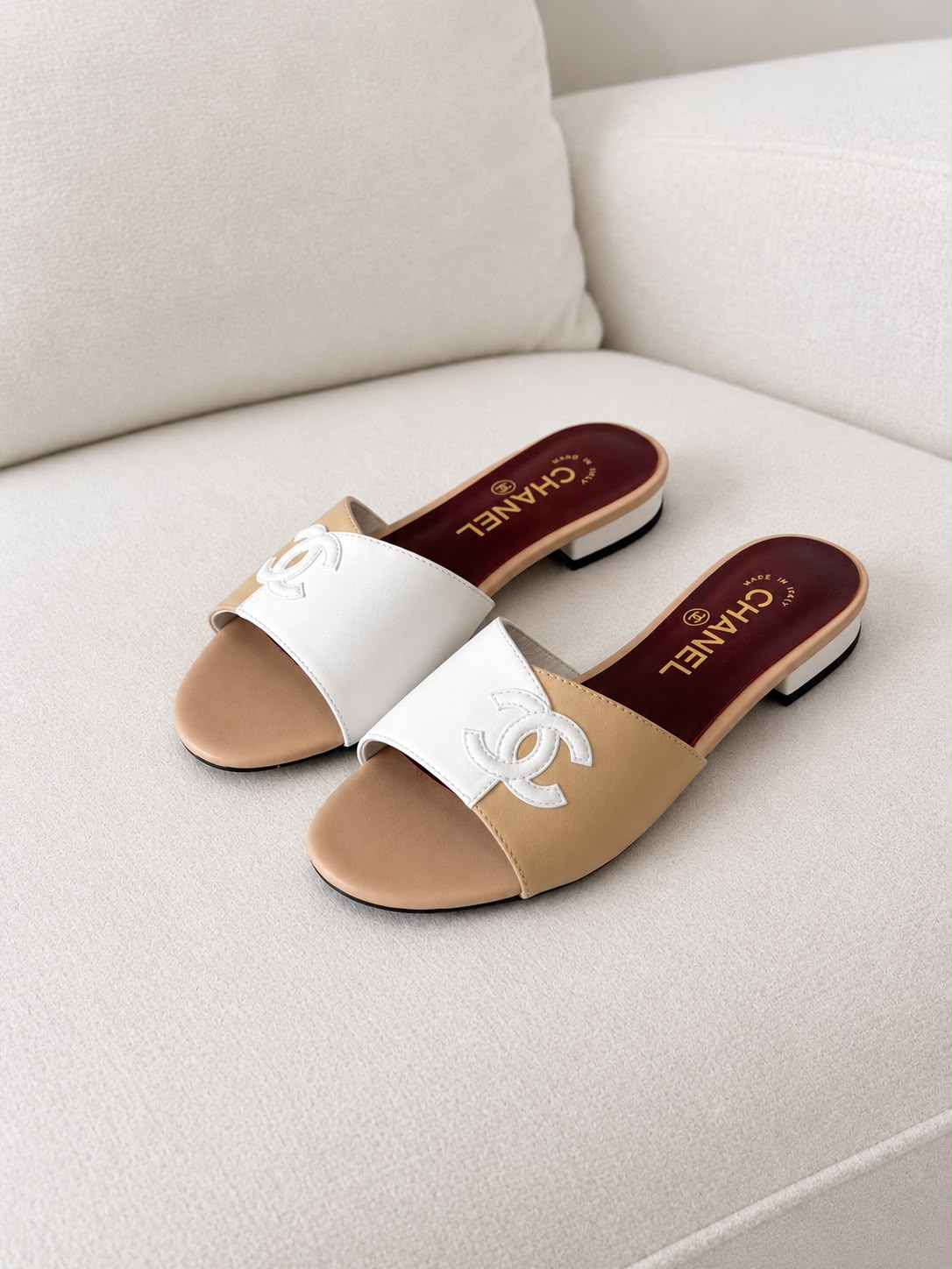 Chanel Two-Tone Block Flat Mule Sandals Leather