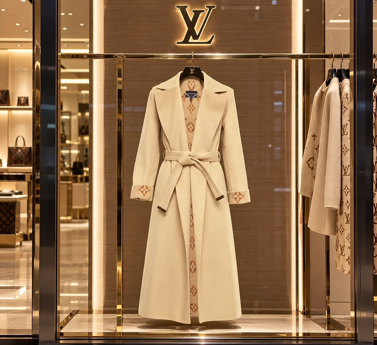 Louis Vuitton Long Wrap Coat with Tie Belt in Khaki/Beige