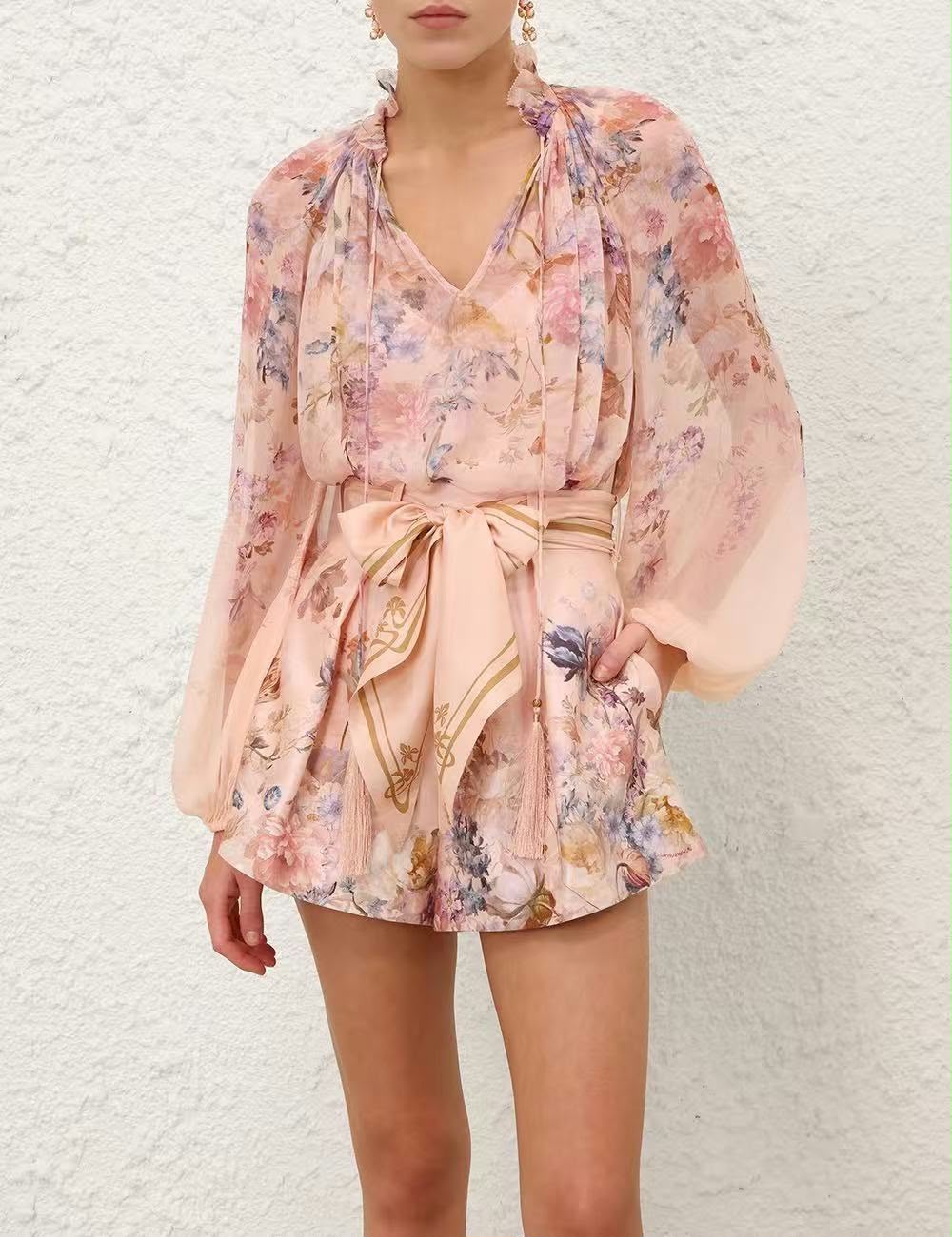 Zimmermann Valiant Billow Blouse and Tuck Shorts set in Peach Floral