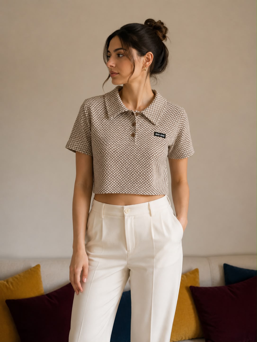 Miu Miu Camel Brown Cropped Cotton Jacquard Polo Shirt