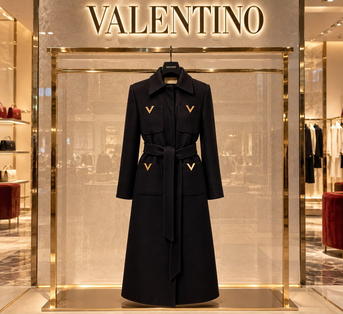 Valentino Wool-Silk Belted Coat with V Gold Hardware Pockets
