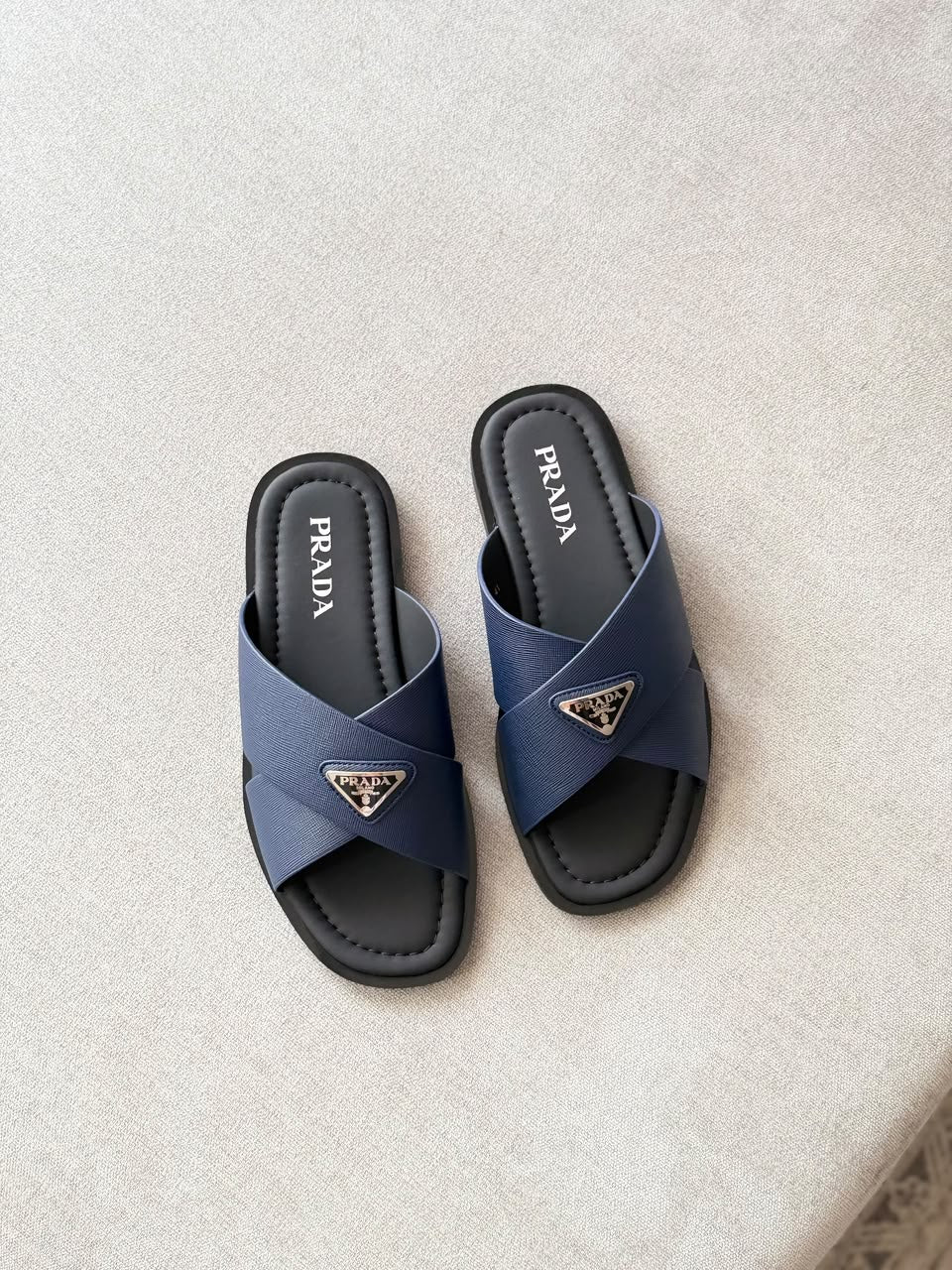 Prada Saffiano Leather Crisscross Slide Sandals