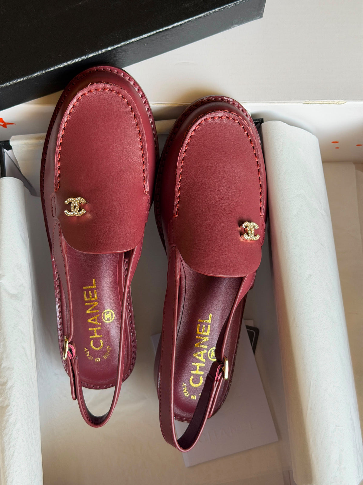 Chanel Burgundy Calfskin Crystal CC Slingback Loafers
