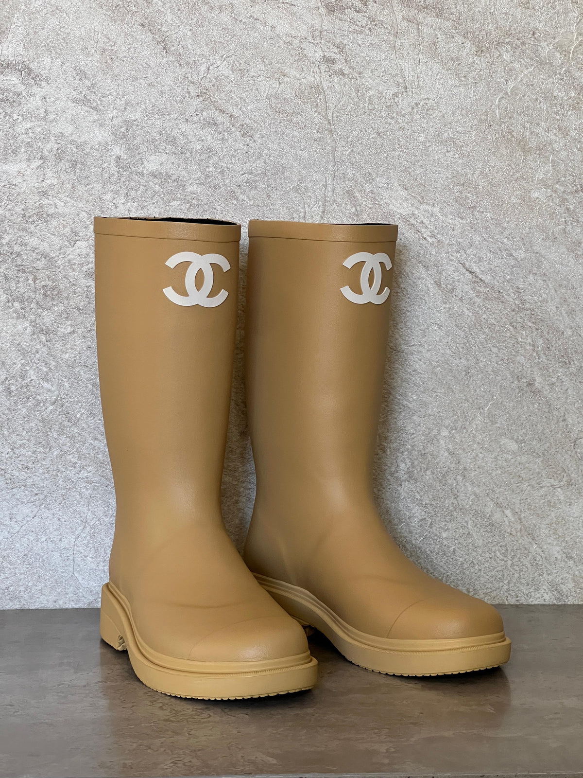 Chanel Beige Rubber CC High Rain Boots