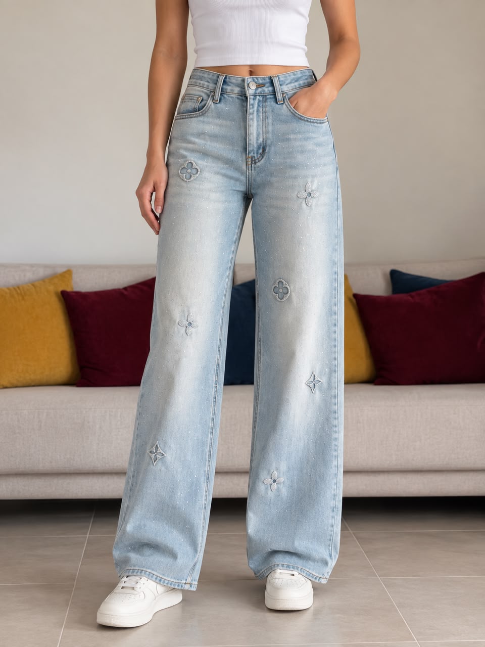 Louis Vuitton Monogram Flower Strass High-Rise Wide-Leg Jeans