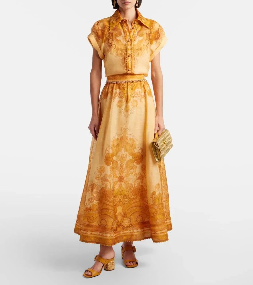 Zimmermann Como Paisley Linen and Silk Shirt and Maxi Skirt Set in Mustard